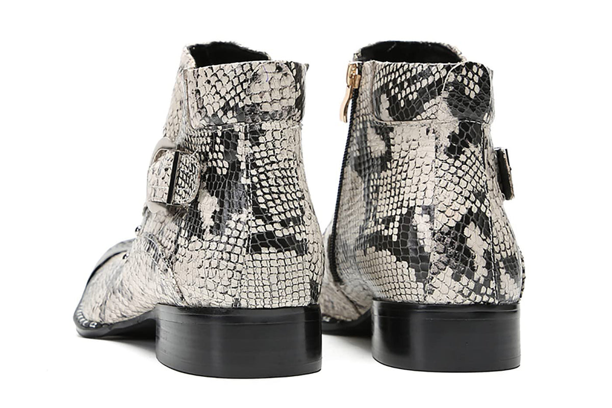 Mens Genuine Leather Metal-Square Toe Snakeskin Texture Ankle Western Boots
