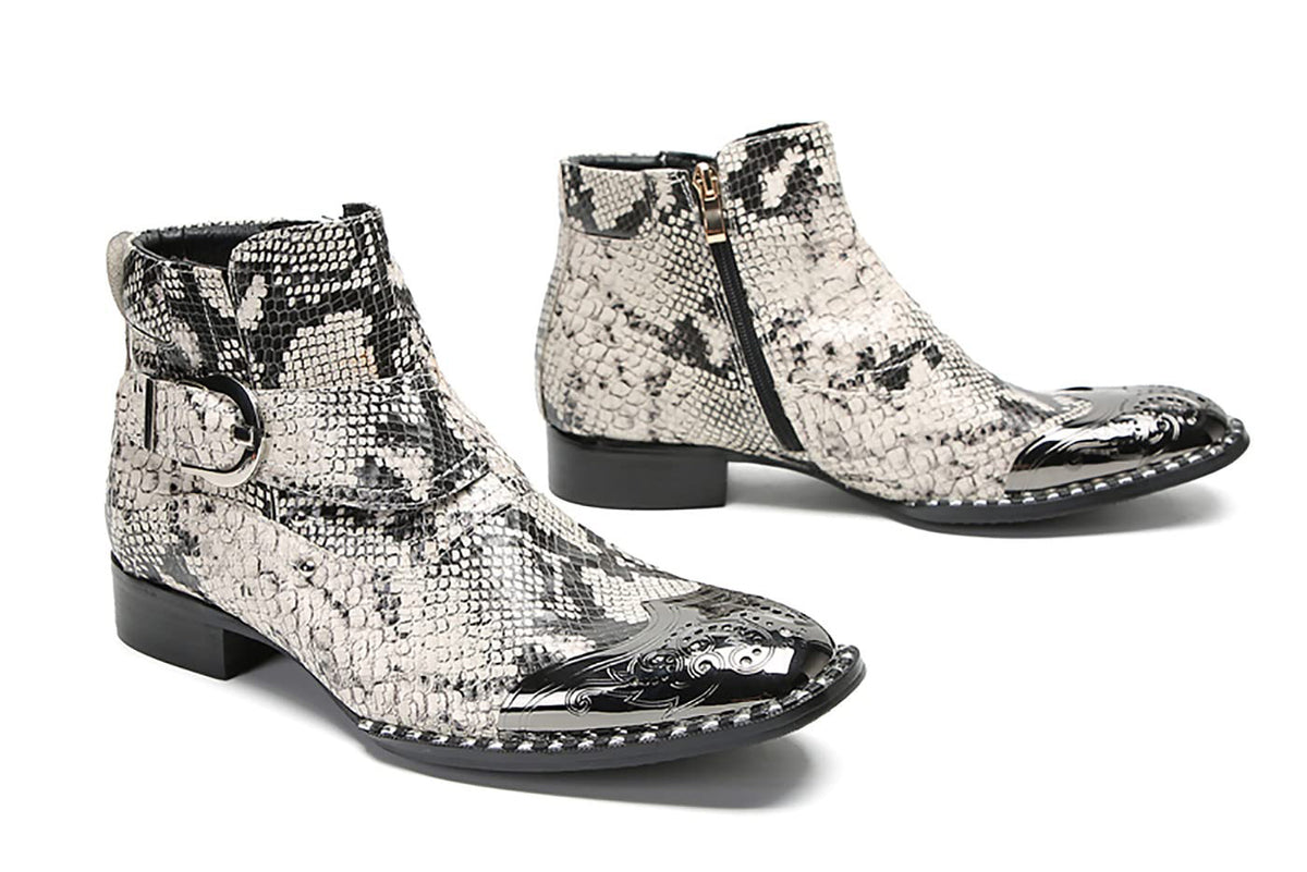 Mens Genuine Leather Metal-Square Toe Snakeskin Texture Ankle Western Boots