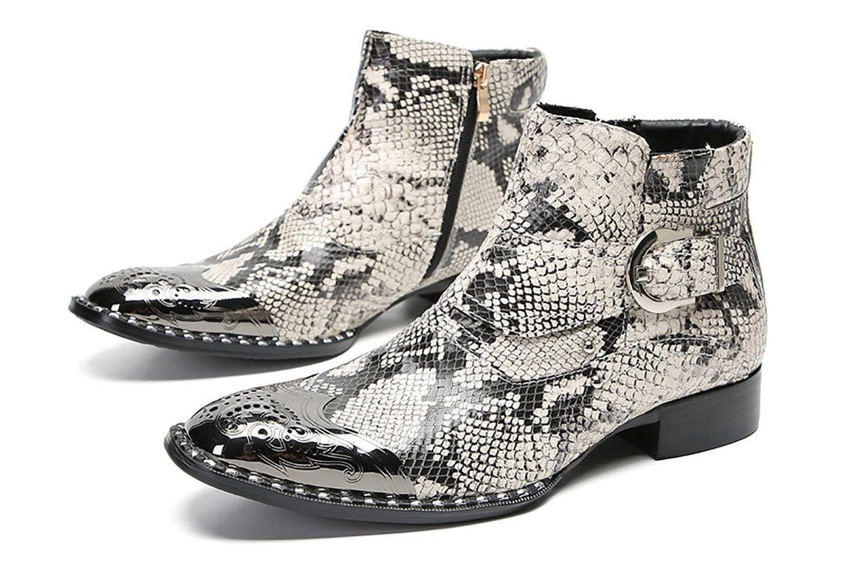 Mens Genuine Leather Metal-Square Toe Snakeskin Texture Ankle Western Boots