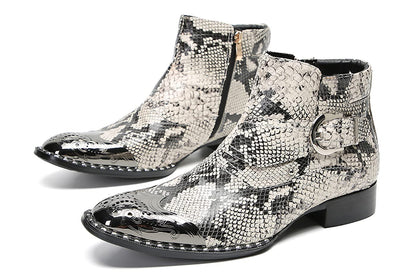 Mens Genuine Leather Metal-Square Toe Snakeskin Texture Ankle Western Boots