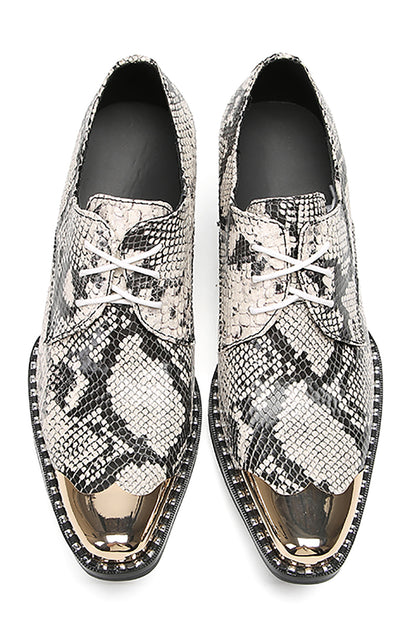 Mens Metal Tip Toe Genuine Leather Snakeskin Texture Western Oxfords