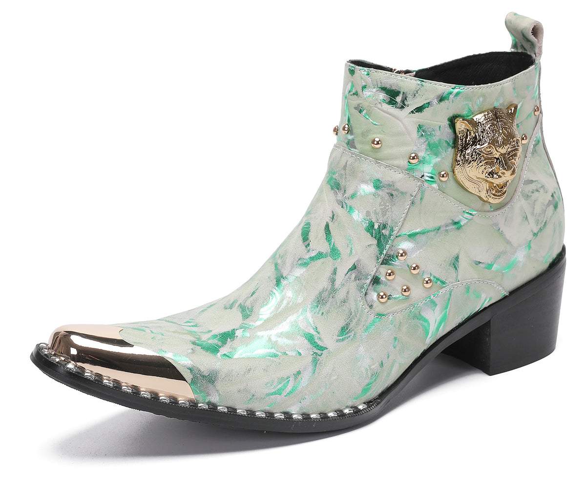 Mens Metal-Tip Toe Zip Tiger's Head Western Boots