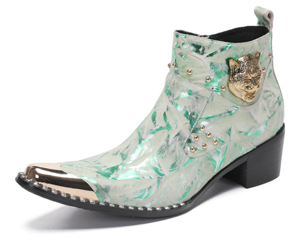 Mens Metal-Tip Toe Zip Tiger's Head Western Boots