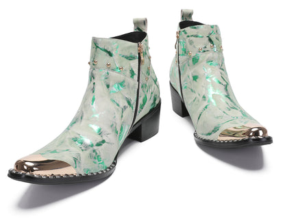 Mens Metal-Tip Toe Zip Tiger's Head Western Boots
