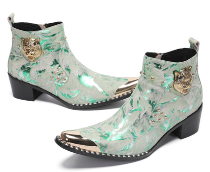 Mens Metal-Tip Toe Zip Tiger's Head Western Boots