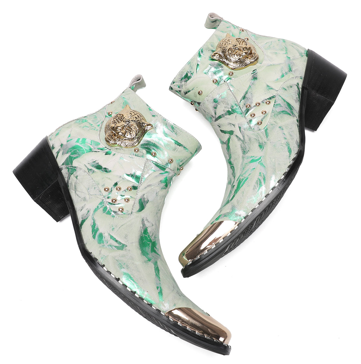 Mens Metal-Tip Toe Zip Tiger's Head Western Boots