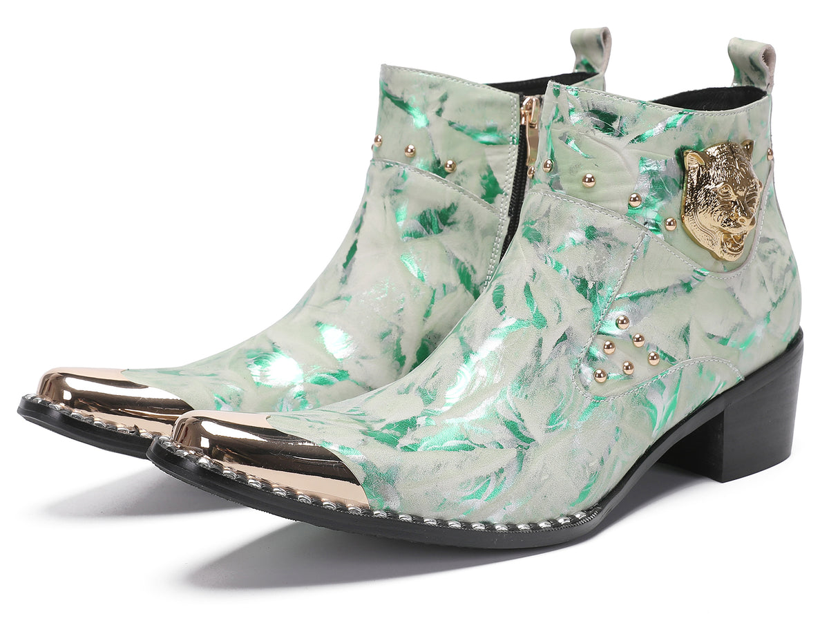 Mens Metal-Tip Toe Zip Tiger's Head Western Boots