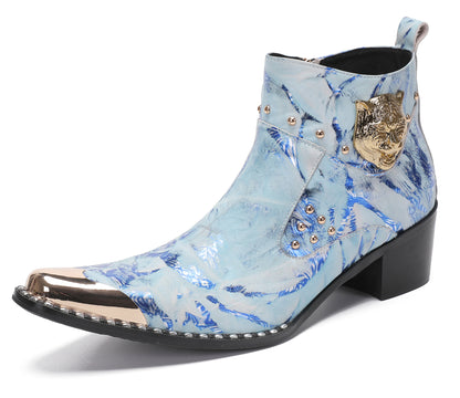Mens Metal-Tip Toe Zip Tiger's Head Western Boots