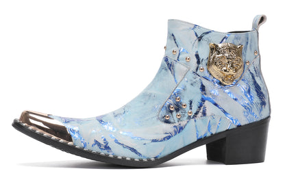 Mens Metal-Tip Toe Zip Tiger's Head Western Boots