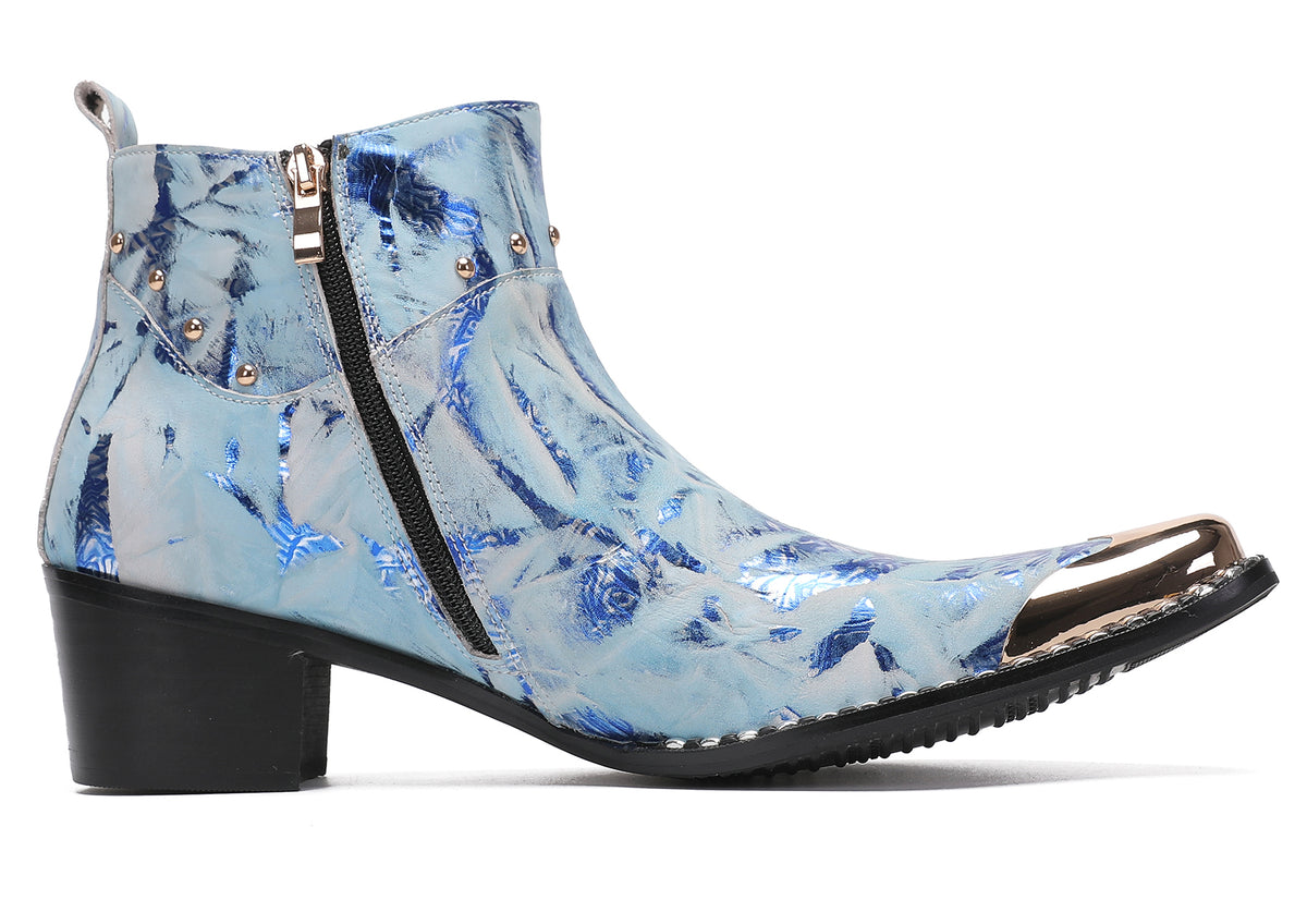 Mens Metal-Tip Toe Zip Tiger's Head Western Boots