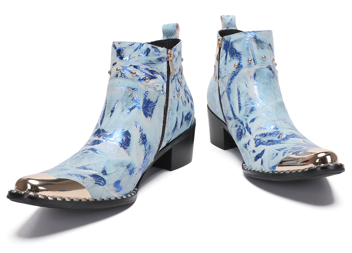 Mens Metal-Tip Toe Zip Tiger's Head Western Boots