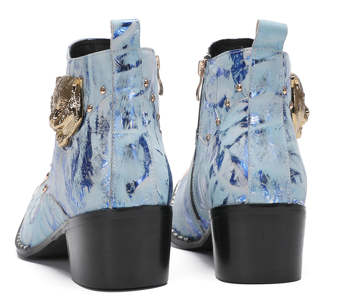Mens Metal-Tip Toe Zip Tiger's Head Western Boots