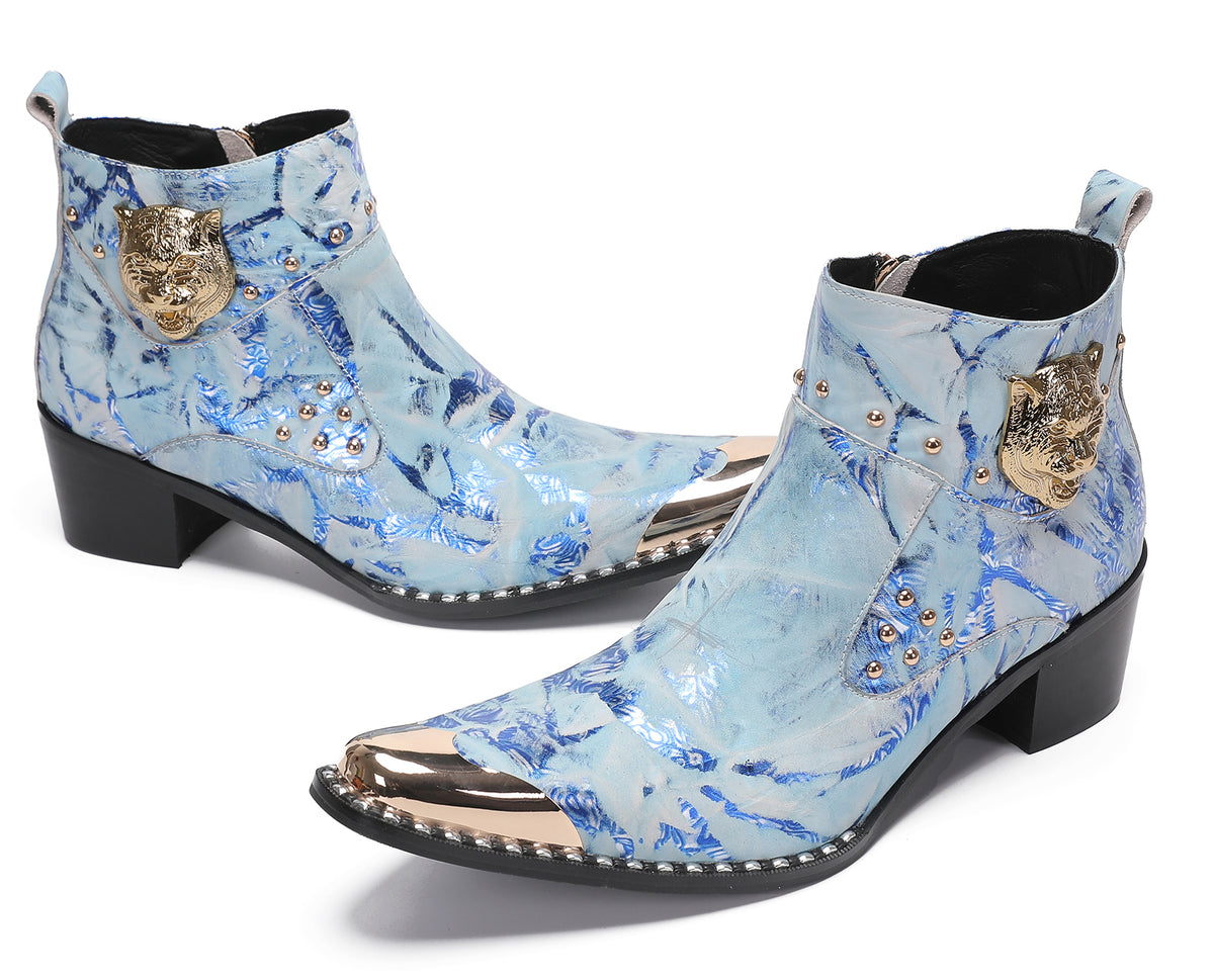 Mens Metal-Tip Toe Zip Tiger's Head Western Boots