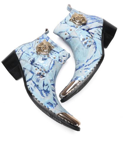 Mens Metal-Tip Toe Zip Tiger's Head Western Boots
