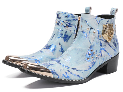 Mens Metal-Tip Toe Zip Tiger's Head Western Boots