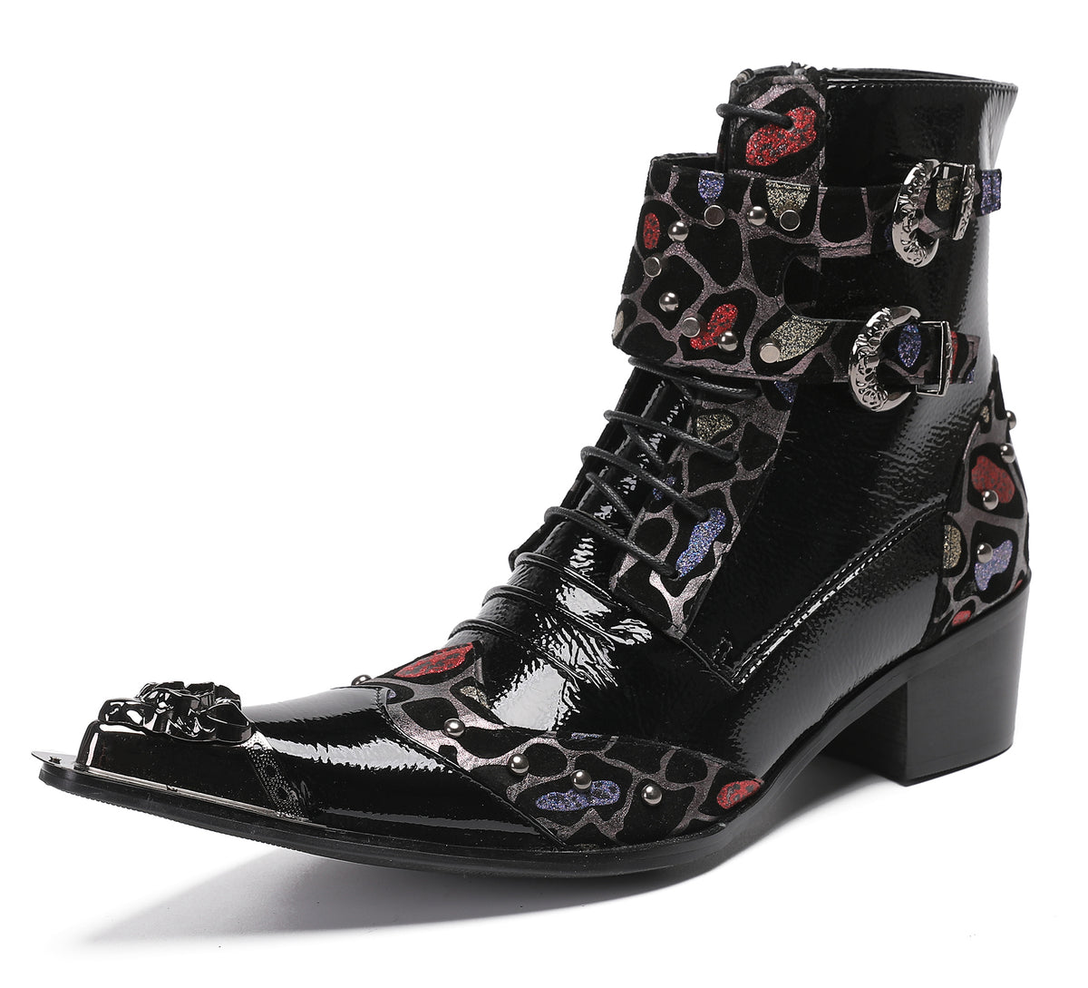 Mens Metal-Tip Toe Zip Fashion Double Buckle Cowboy Western  Boots