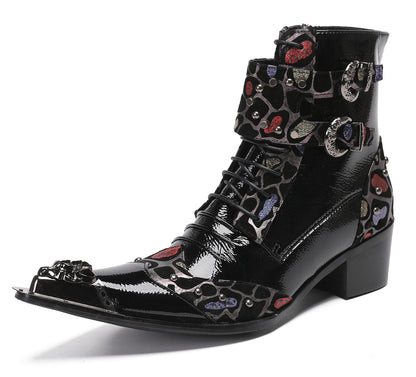 Mens Metal-Tip Toe Zip Fashion Double Buckle Cowboy Western  Boots
