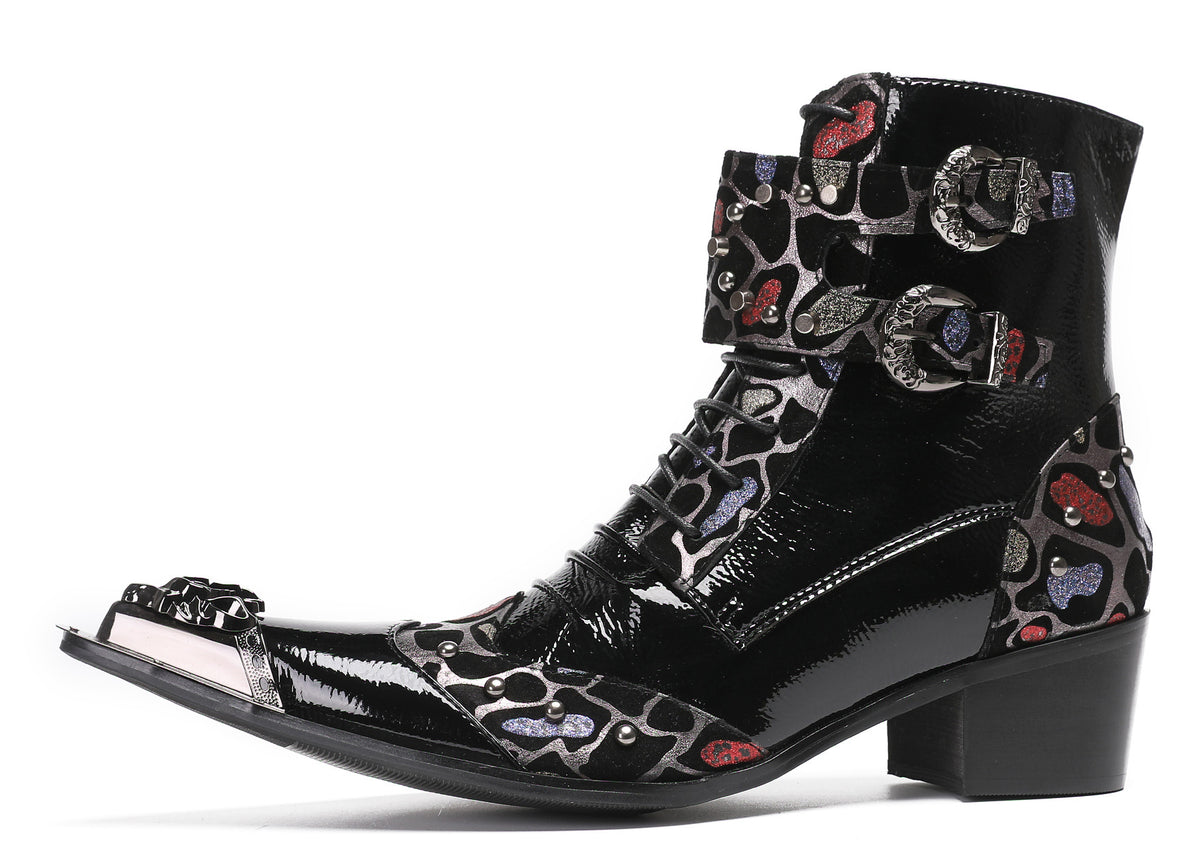 Mens Metal-Tip Toe Zip Fashion Double Buckle Cowboy Western  Boots