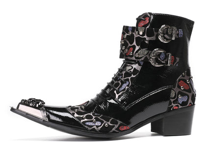 Mens Metal-Tip Toe Zip Fashion Double Buckle Cowboy Western  Boots