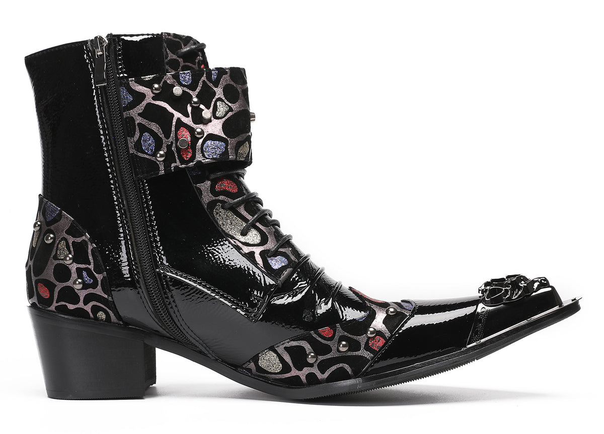 Mens Metal-Tip Toe Zip Fashion Double Buckle Cowboy Western  Boots