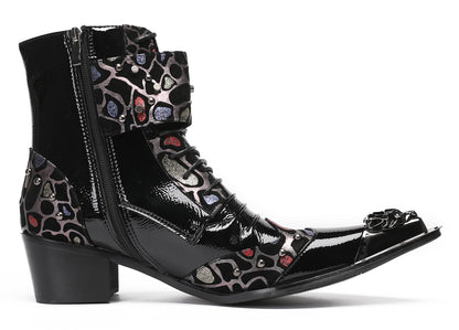 Mens Metal-Tip Toe Zip Fashion Double Buckle Cowboy Western  Boots