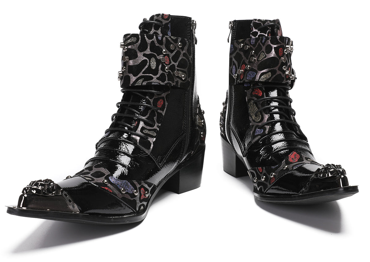 Mens Metal-Tip Toe Zip Fashion Double Buckle Cowboy Western  Boots