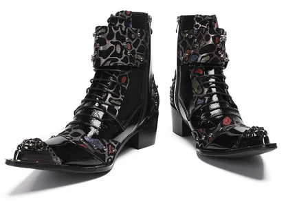 Mens Metal-Tip Toe Zip Fashion Double Buckle Cowboy Western  Boots