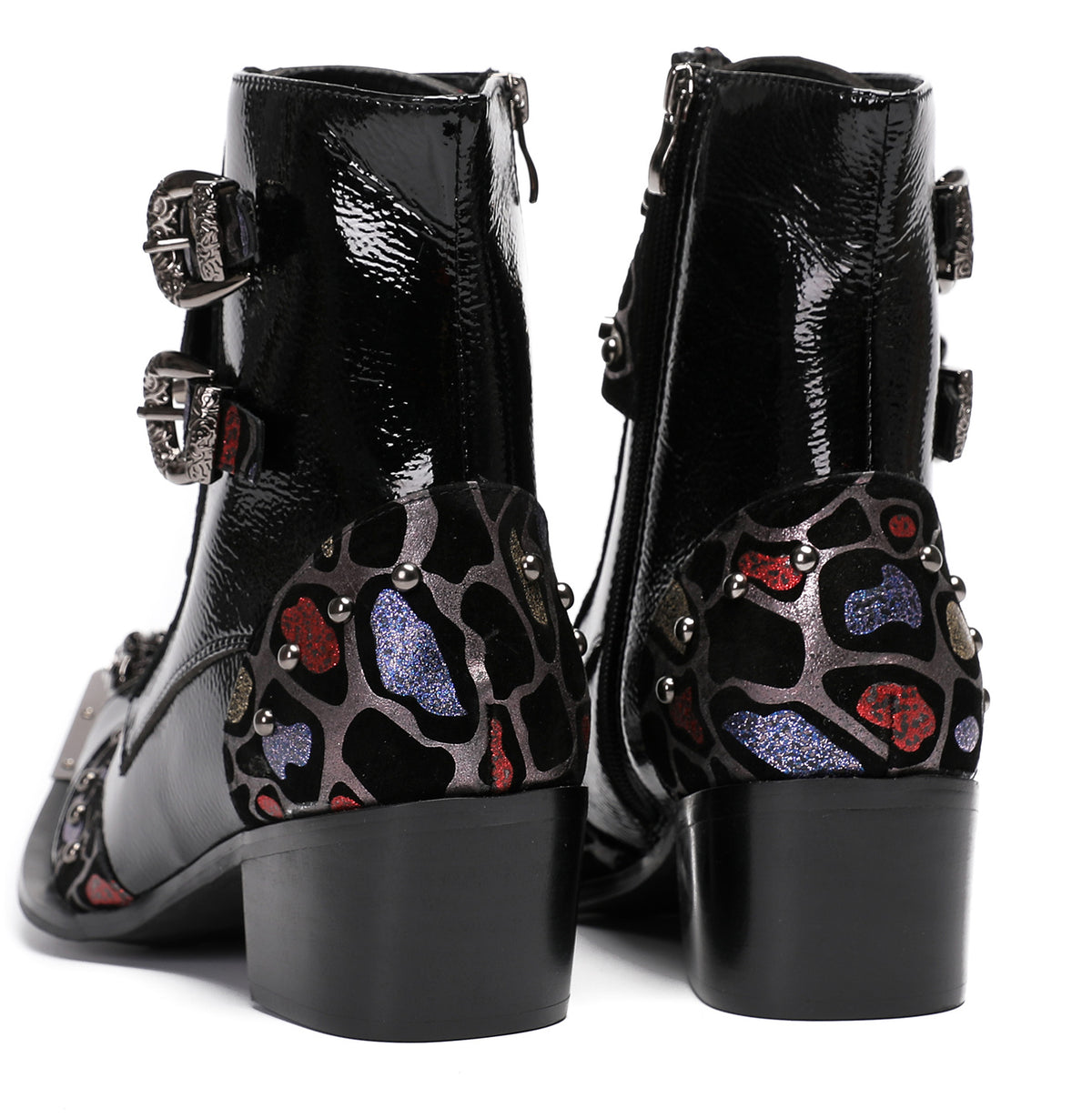 Mens Metal-Tip Toe Zip Fashion Double Buckle Cowboy Western  Boots