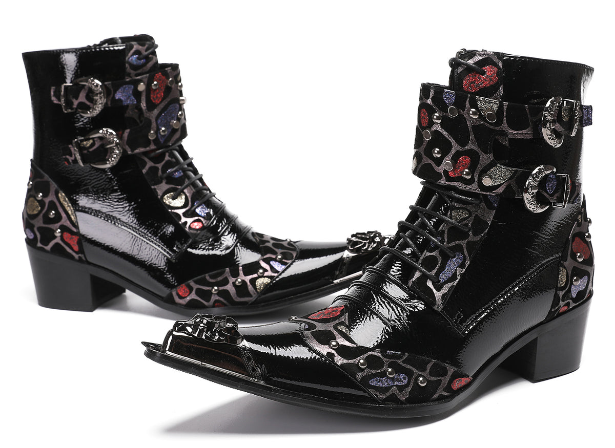 Mens Metal-Tip Toe Zip Fashion Double Buckle Cowboy Western  Boots