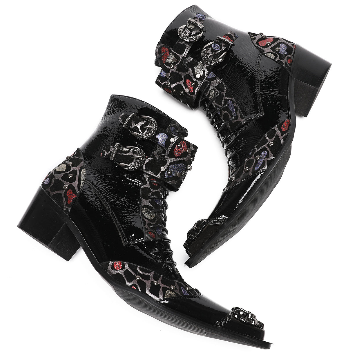 Mens Metal-Tip Toe Zip Fashion Double Buckle Cowboy Western  Boots