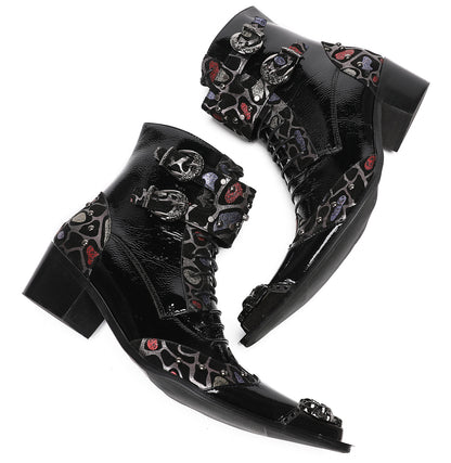 Mens Metal-Tip Toe Zip Fashion Double Buckle Cowboy Western  Boots