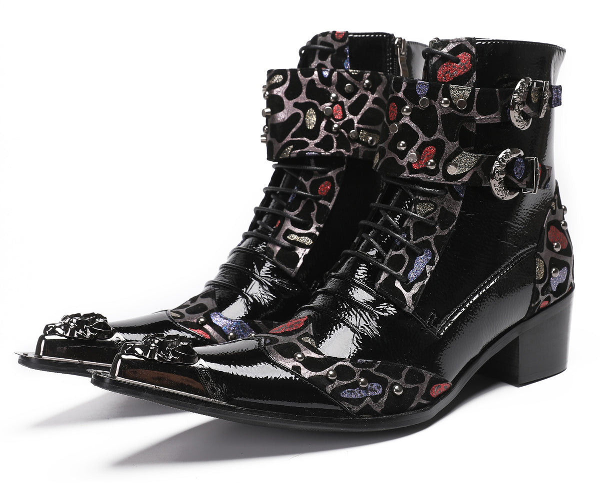 Mens Metal-Tip Toe Zip Fashion Double Buckle Cowboy Western  Boots