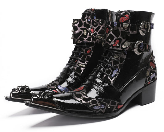 Mens Metal-Tip Toe Zip Fashion Double Buckle Cowboy Western  Boots