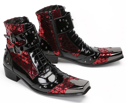 Mens Metal-Square Toe Zip Casual Double Buckle Cowboy Western Boots