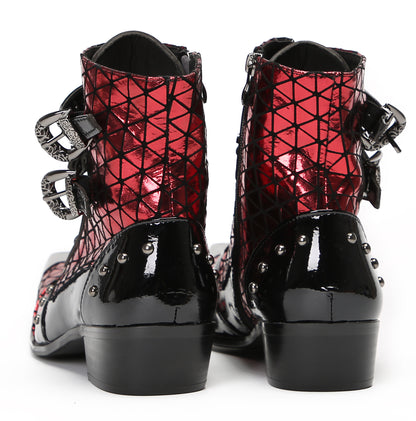 Mens Metal-Square Toe Zip Casual Double Buckle Cowboy Western Boots