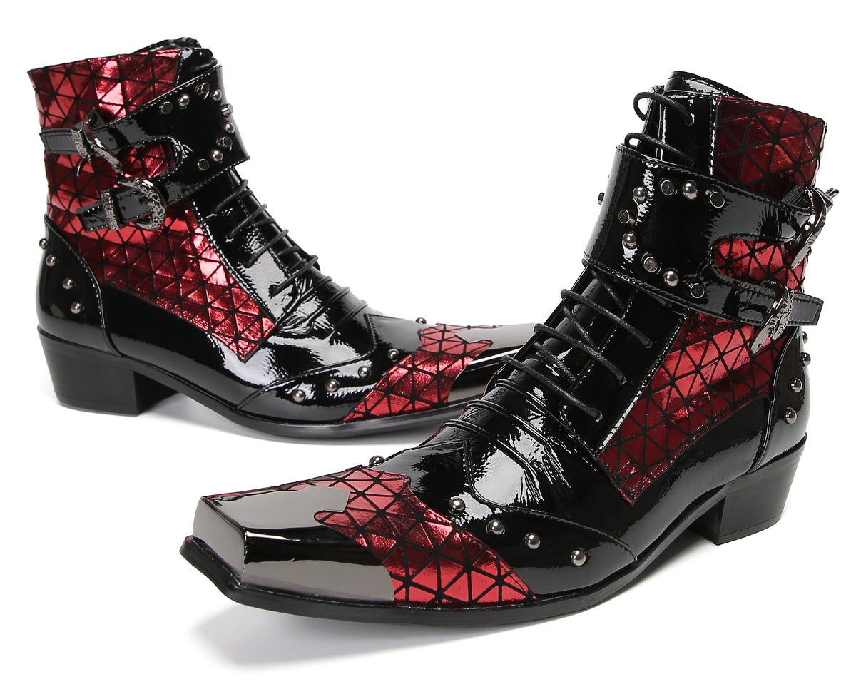 Mens Metal-Square Toe Zip Casual Double Buckle Cowboy Western Boots
