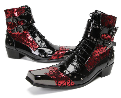 Mens Metal-Square Toe Zip Casual Double Buckle Cowboy Western Boots