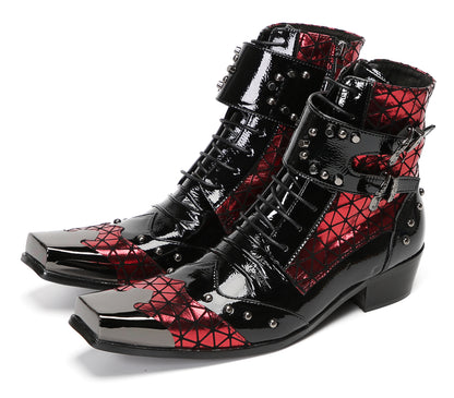 Mens Metal-Square Toe Zip Casual Double Buckle Cowboy Western Boots