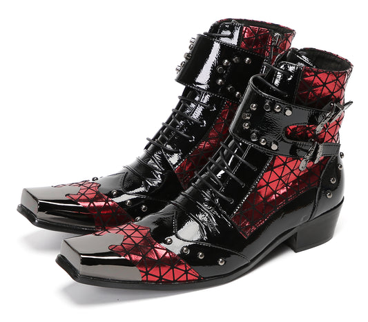Mens Metal-Square Toe Zip Casual Double Buckle Cowboy Western Boots