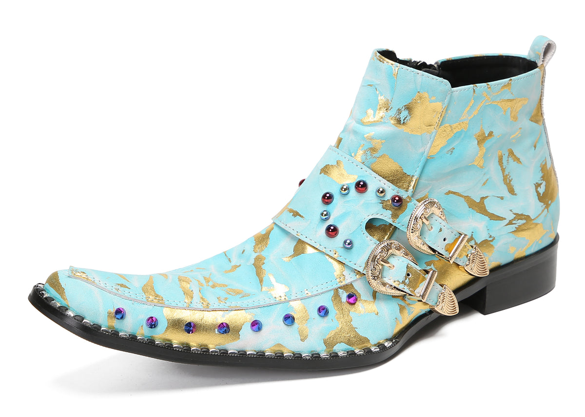 Mens Double Buckle Fashion Casual Coloful Beads Ankle Boots