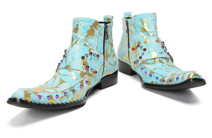 Mens Double Buckle Fashion Casual Coloful Beads Ankle Boots