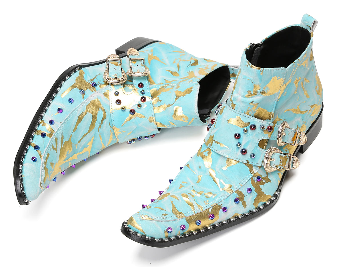 Mens Double Buckle Fashion Casual Coloful Beads Ankle Boots