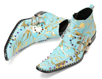 Mens Double Buckle Fashion Casual Coloful Beads Ankle Boots