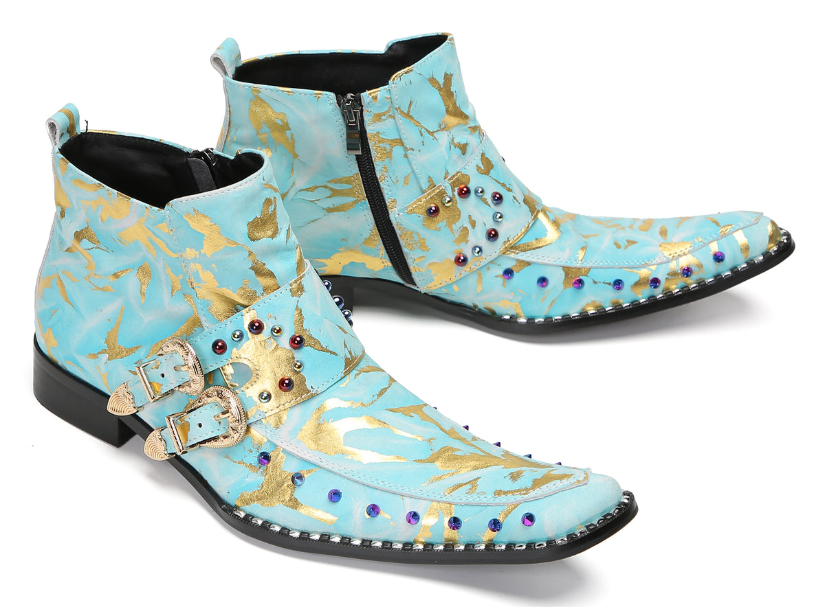 Mens Double Buckle Fashion Casual Coloful Beads Ankle Boots
