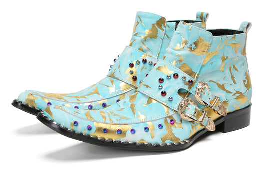 Mens Double Buckle Fashion Casual Coloful Beads Ankle Boots