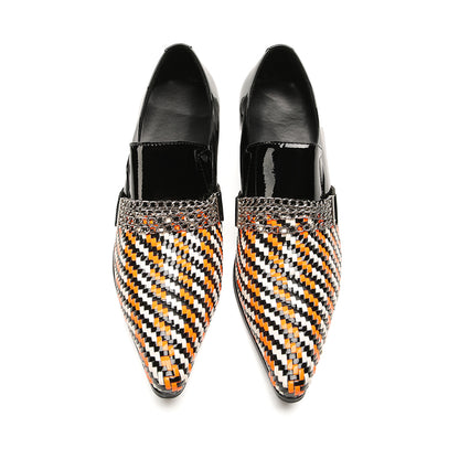 Mens Pointed Toe Three Colors Genuine Leather Woven Penny Loafers