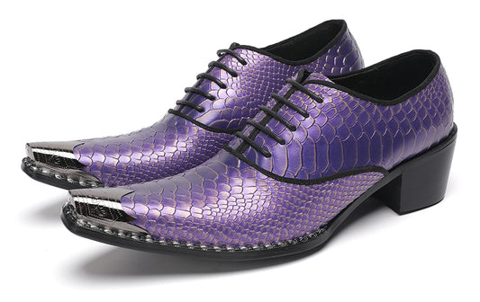 Mens Purple Dress Casual Shoes Metal Pointed To Western Oxfords
