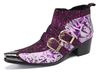 Mens Genuine Leather Double Buckle Rock Singer Ankle Western Boots