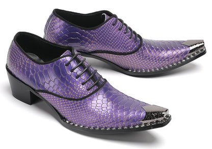 Mens Purple Dress Casual Shoes Metal Pointed To Western Oxfords