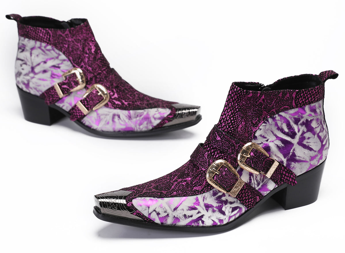 Mens Genuine Leather Double Buckle Rock Singer Ankle Western Boots